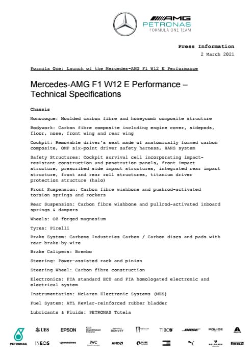 Technical Specifications - Mercedes W12