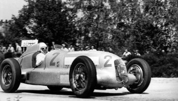 French Grand Prix in Montlhéry, June 23, 1935. The winner Rudolf Caracciola in a Mercedes-Benz formula racing car W 25.  Manfrd von Brauchitsch finished in second place.