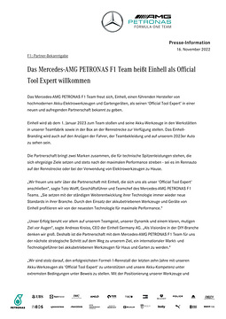 Das Mercedes-AMG PETRONAS F1 Team heißt Einhell als Official Tool Expert willkommen