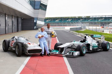 Lewis and Sir Stirling Moss at Silverstone with the 1954 Mercedes-Benz W 196 R and the 2013 Mercedes F1 W04.